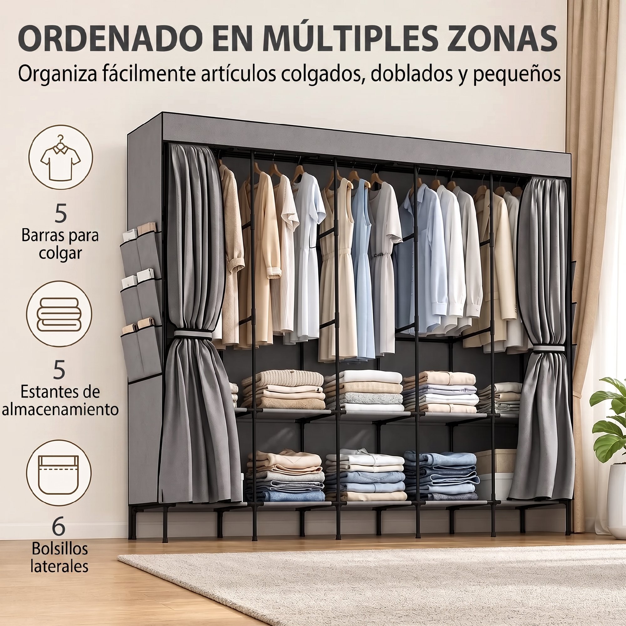 HOMCOM Armario de Tela, Armario Ropero con 5 Barras, 5 Estantes, 6 Bolsillos Laterales, Cremallera, Marco de Acero, para Dormitorio, Espacio Pequeño, 212x45x167 cm, Gris