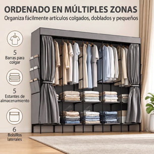 HOMCOM Armario de Tela, Armario Ropero con 5 Barras, 5 Estantes, 6 Bolsillos Laterales, Cremallera, Marco de Acero, para Dormitorio, Espacio Pequeño, 212x45x167 cm, Gris