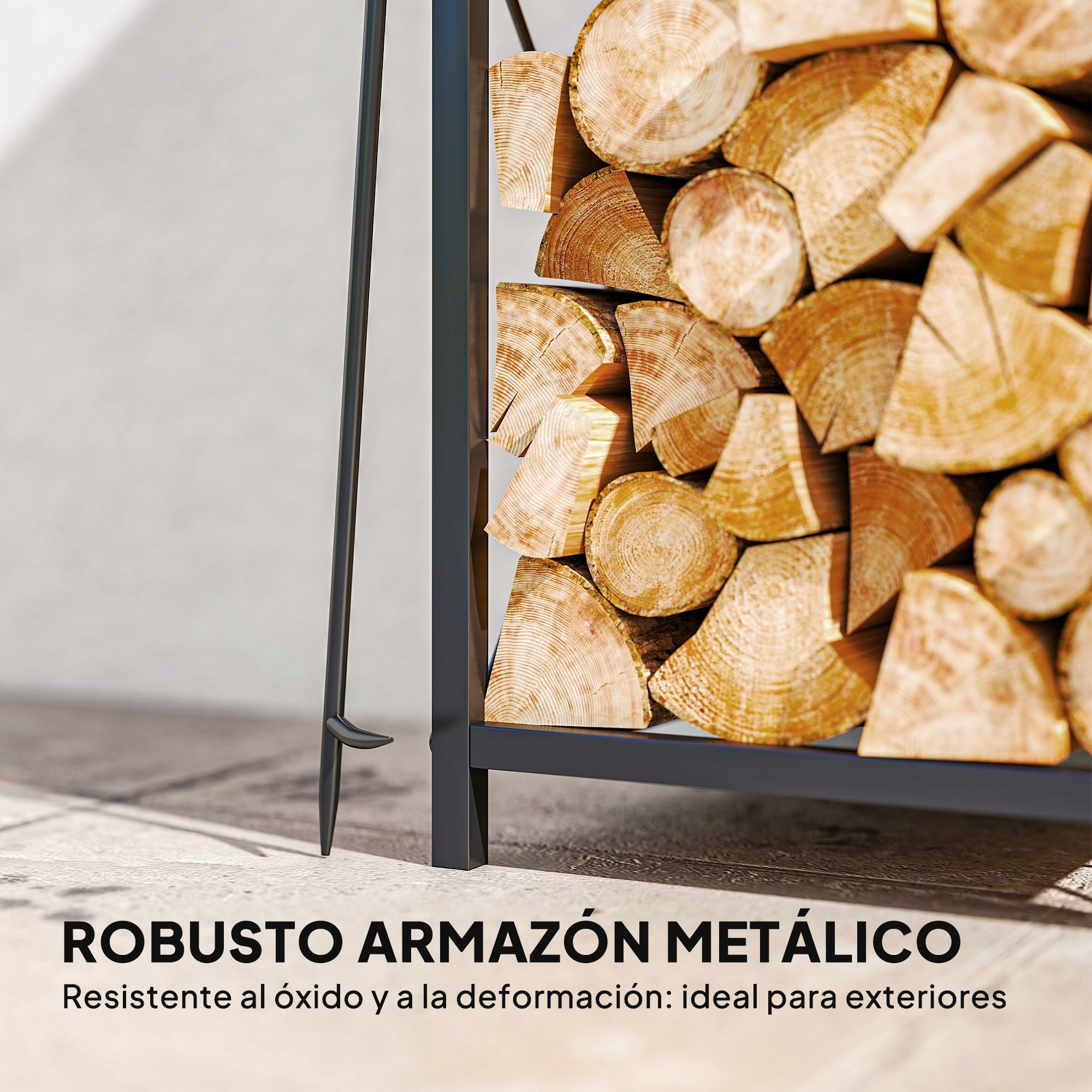 Estante de Leña Metálico de Chimenea, Soporte para Leña de 2 Niveles, Leñero Exterior con 4 Herramientas, Ganchos y Base Elevada, para Interior y Exterior, 34x30x80 cm, Negro