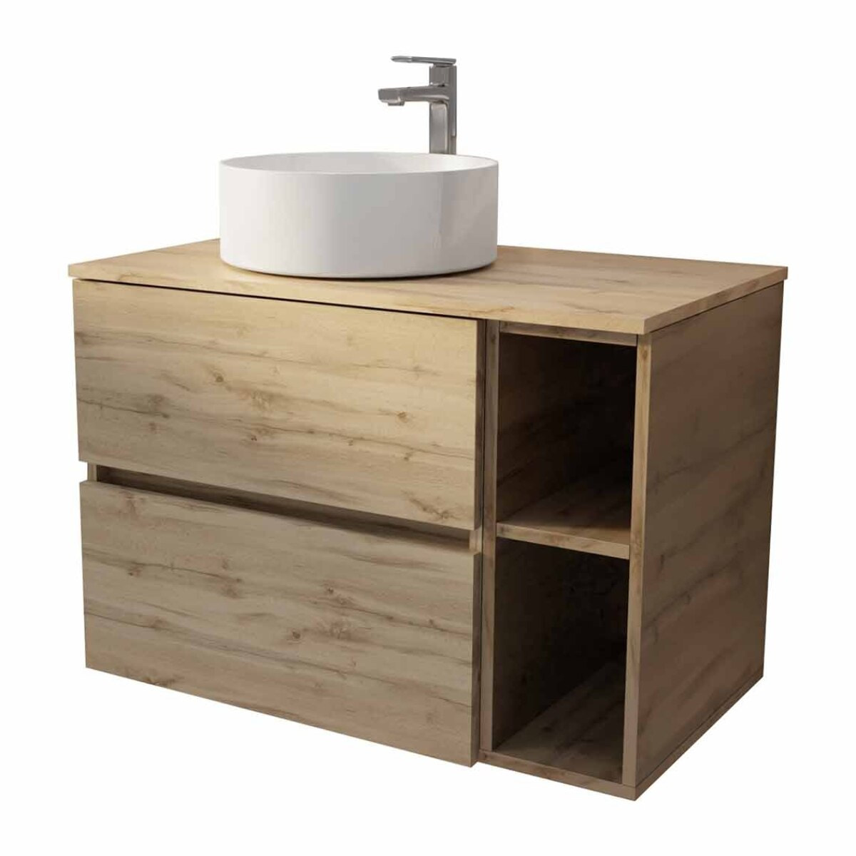 Meuble de salle de bains 80cm TIMBER Décor Chêne 2 Tiroirs et Module - Plan et Vasque Blanche