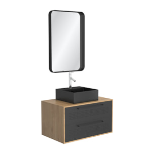 Meuble Salle de Bains 80 cm, Vasque Carrée et Miroir - Chêne naturel et Noir Mat - UBY
