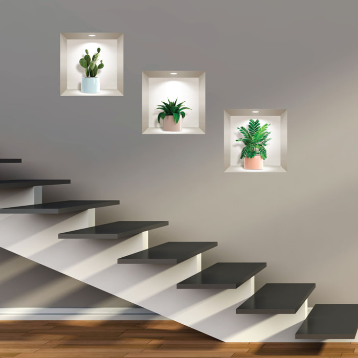 Stickers muraux 3D | Sticker Mural Autocollant effet 3D plantes d'intérieur et cactus - Stickers adhésifs 3D Chambre Salon Trompe l'oeil