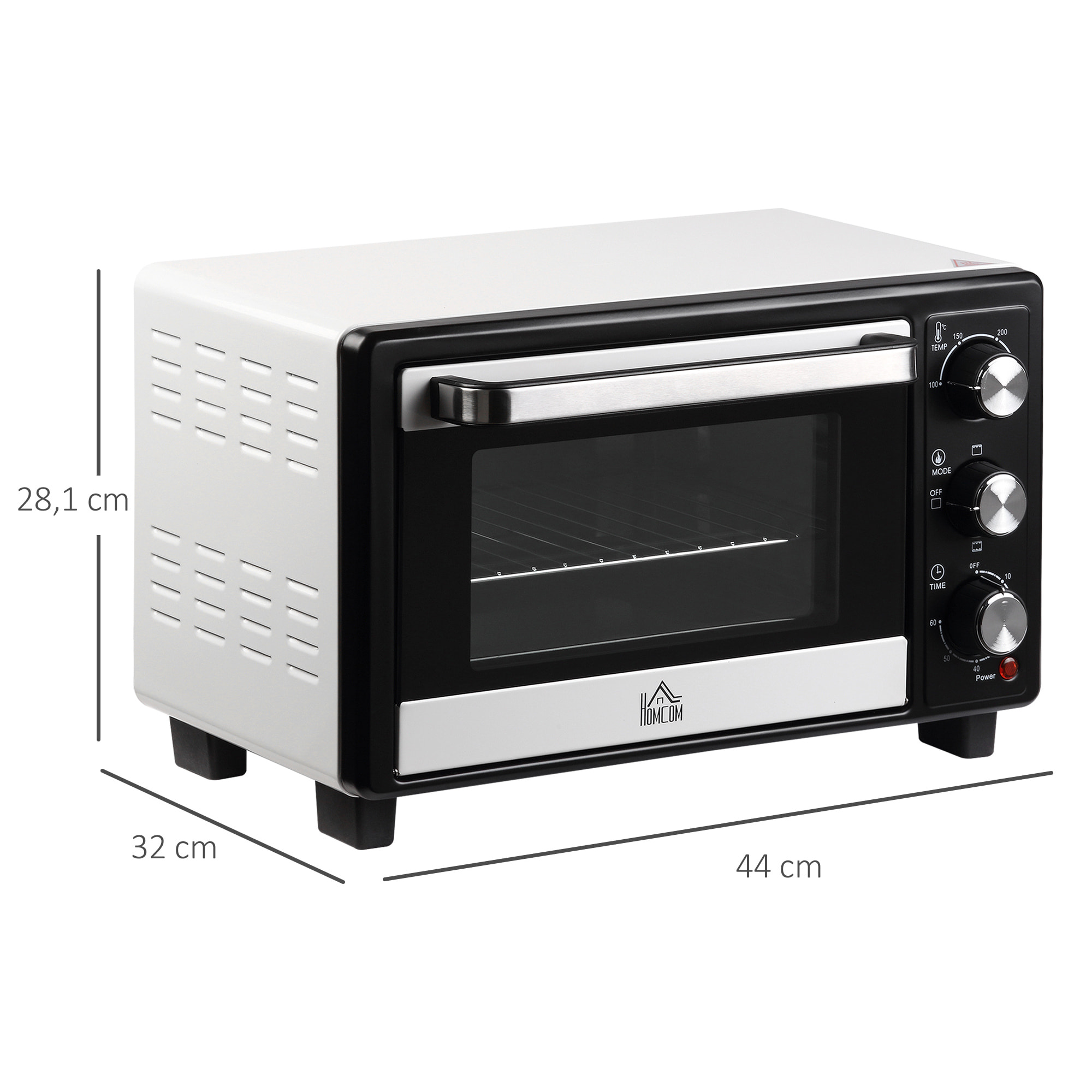 Horno Sobremesa Eléctrico 16L 1400W con 3 Modos de Calor Temperatura hasta 230 ℃ Temporizador 60 Minutos Bandeja de Horneado y Rejilla 44x32x28,1 cm Blanco y Negro