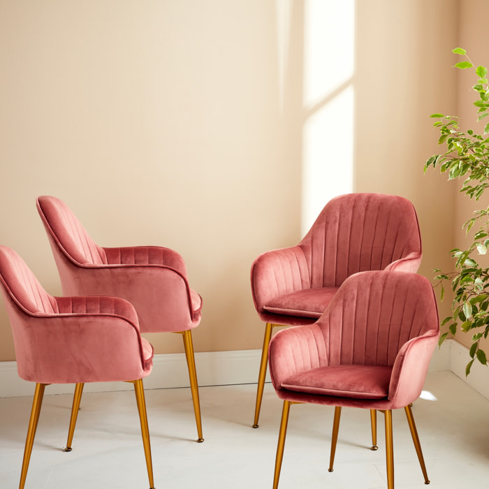 Lot de 4 fauteuils en velours vieux rose et pieds en métal noir. Shella L 57 x P 59 x H 84.5