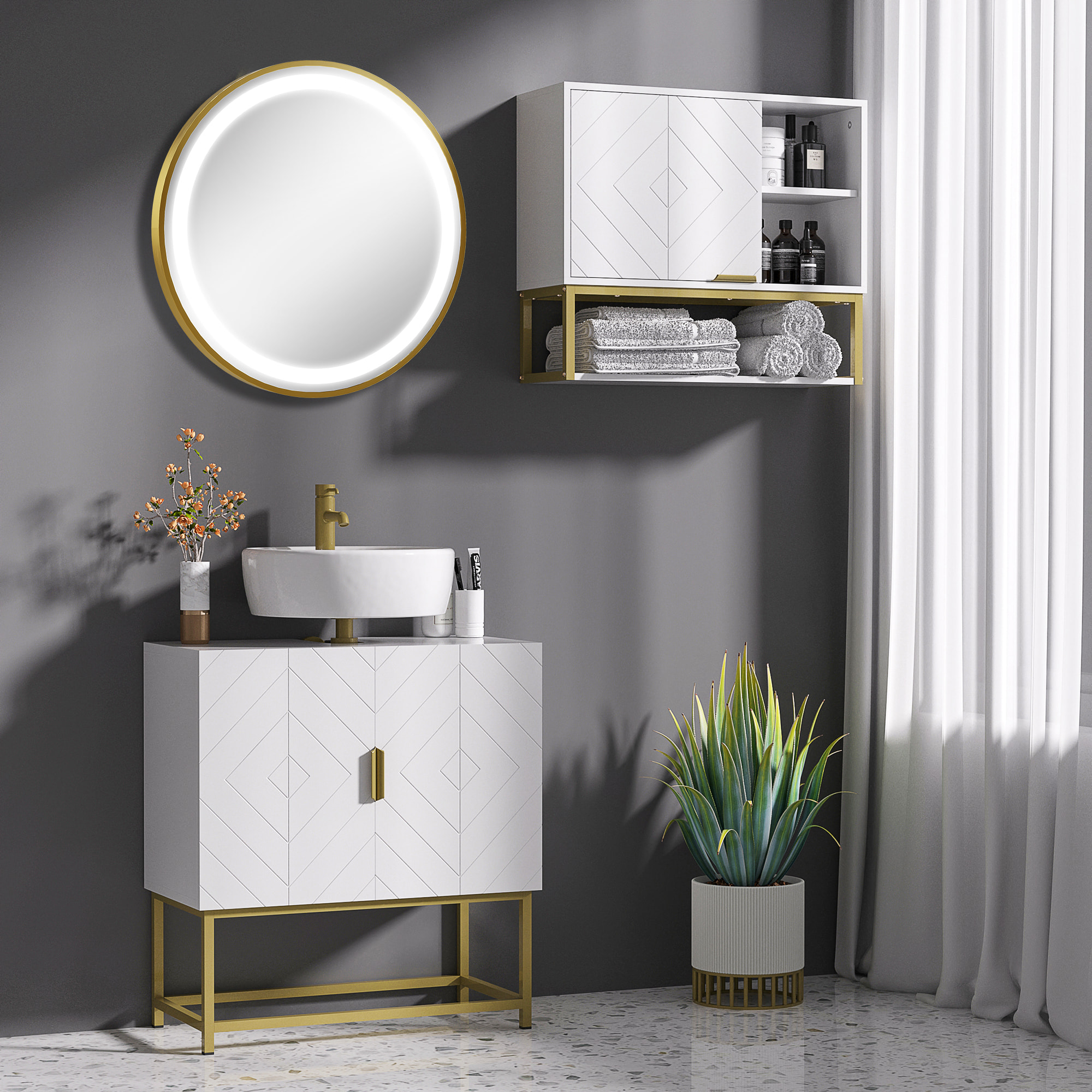 Conjunto de Baño Juego de Mueble para Debajo del Lavabo con Patas de Acero y Espejo de Baño con Luz LED Interruptor Táctil 60x30x65 cm Ø60x4 cm Blanco y Dorado