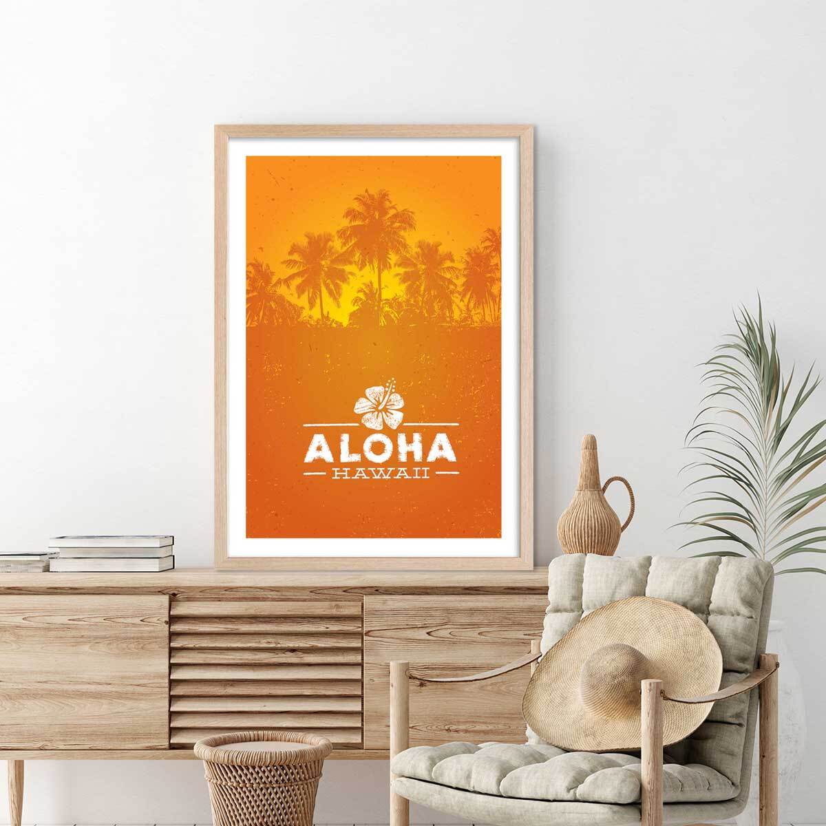 Affiche aloha hawaï Affiche + cadre en bois - Chêne