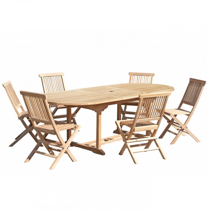 HARRIS - SALON DE JARDIN EN BOIS TECK 8/10 pers : Ensemble de jardin - 1 Table ovale extensible 180*240/100 cm et 6 chaises