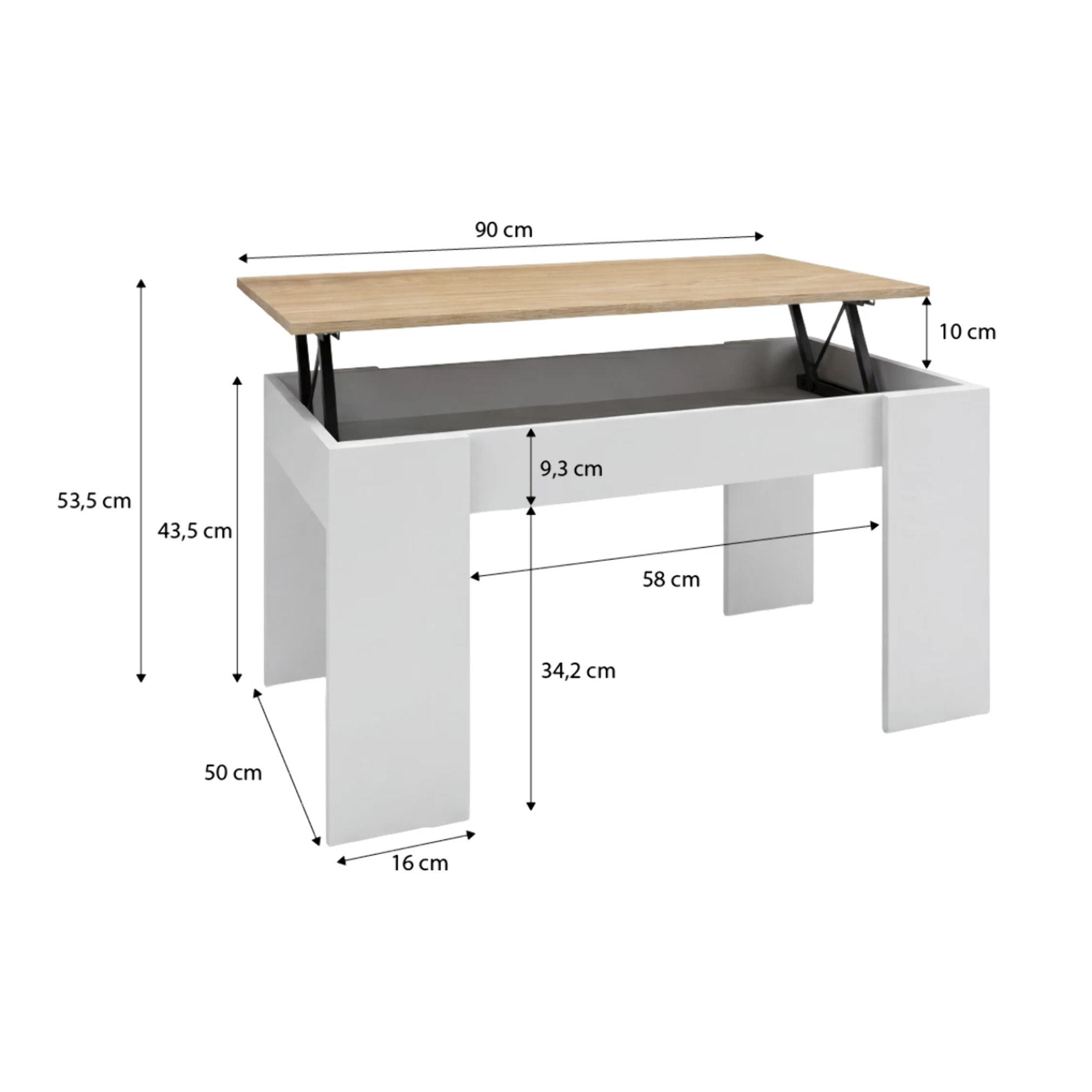 Mesa de centro elevable en blanco artik y roble canadian Norak Blanco Artik (Blanco Mate) - Roble Canadian