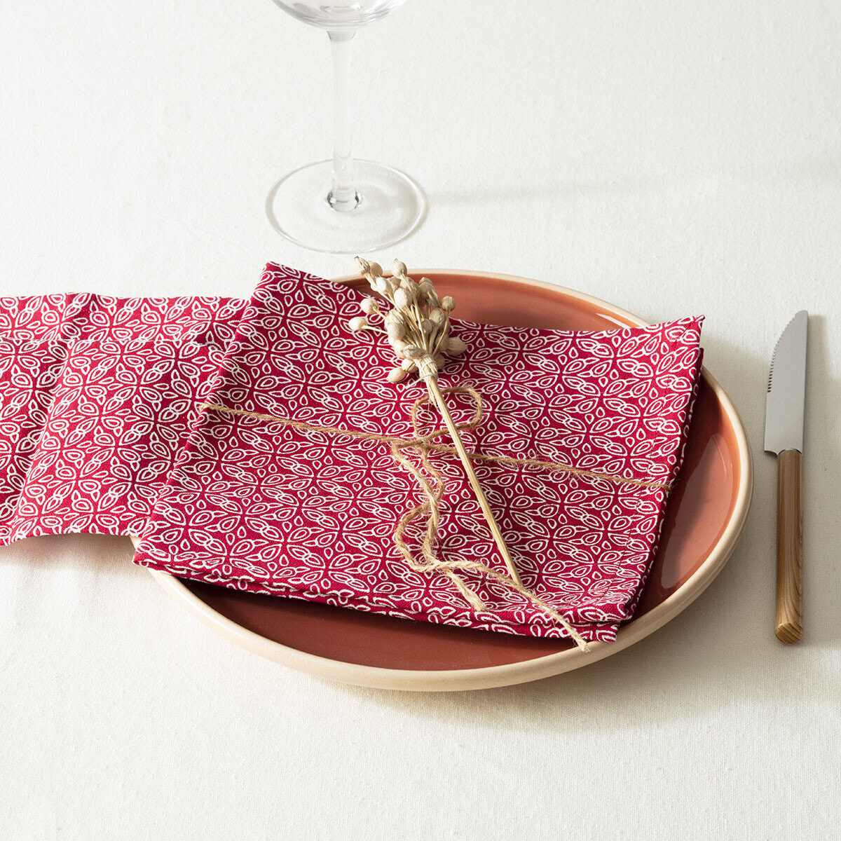 Lot de 4 serviettes de table imprimées "Olia" - rouge - coton 40x40 cm