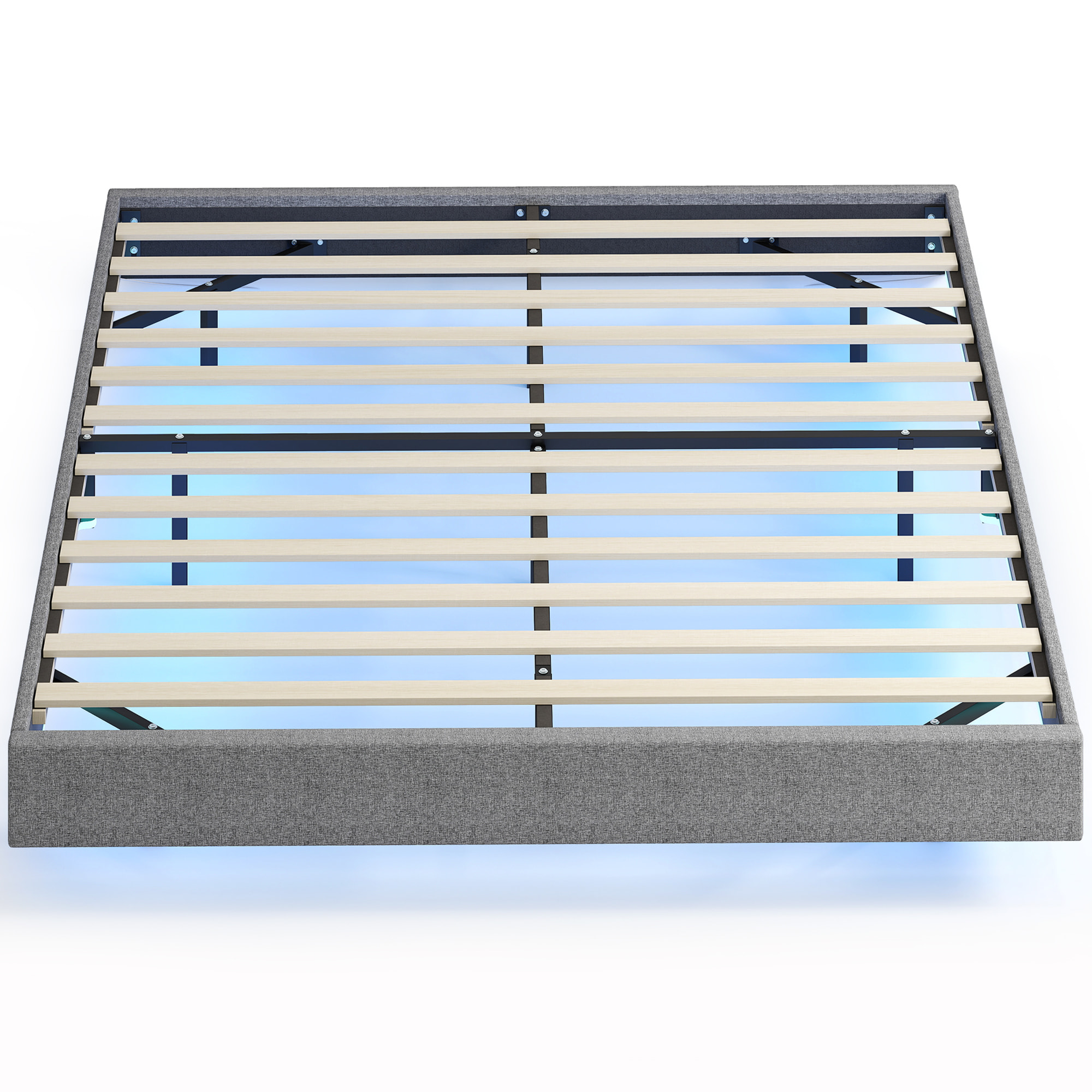 Somier Flotante 160x200 cm con Luces LED, Estructura de Cama, Tapizado en Lino, Láminas de Madera, Silencioso, Fácil de Montar, Gris