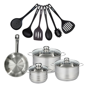 Set 1 poêle 20 cm en inox, 3 faitouts inox 16, 20 et 24 cm et 6 ustensiles RPET Fackelmann Eterna