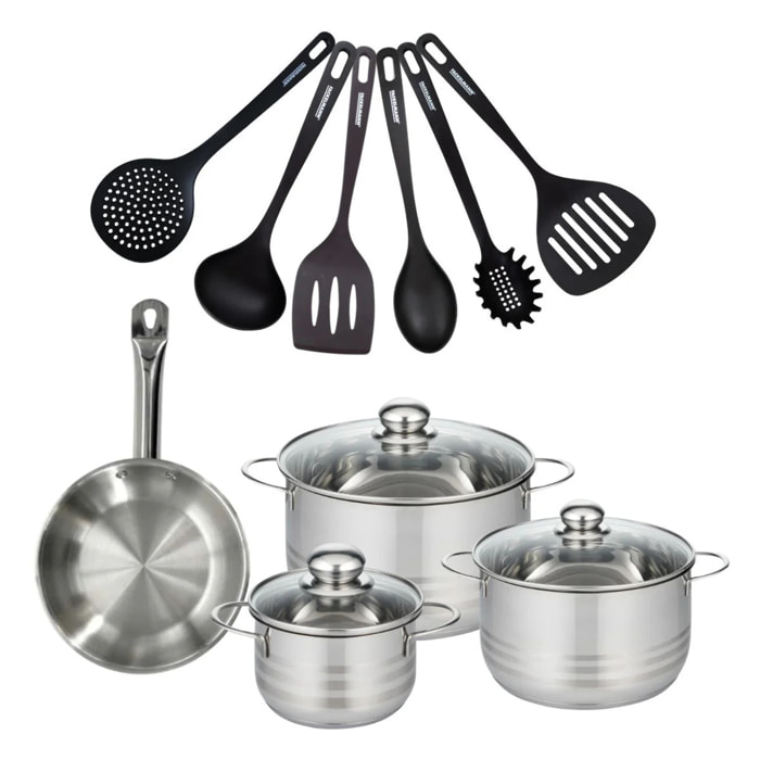 Set 1 poêle 20 cm en inox, 3 faitouts inox 16, 20 et 24 cm et 6 ustensiles RPET Fackelmann Eterna