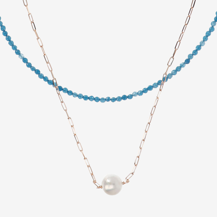PERLAVIVA - Doppia Collana con Quarzite Blu e Perla Ming Bianca Ø 11 mm in Argento 925 placcato Oro Rosa 18Kt