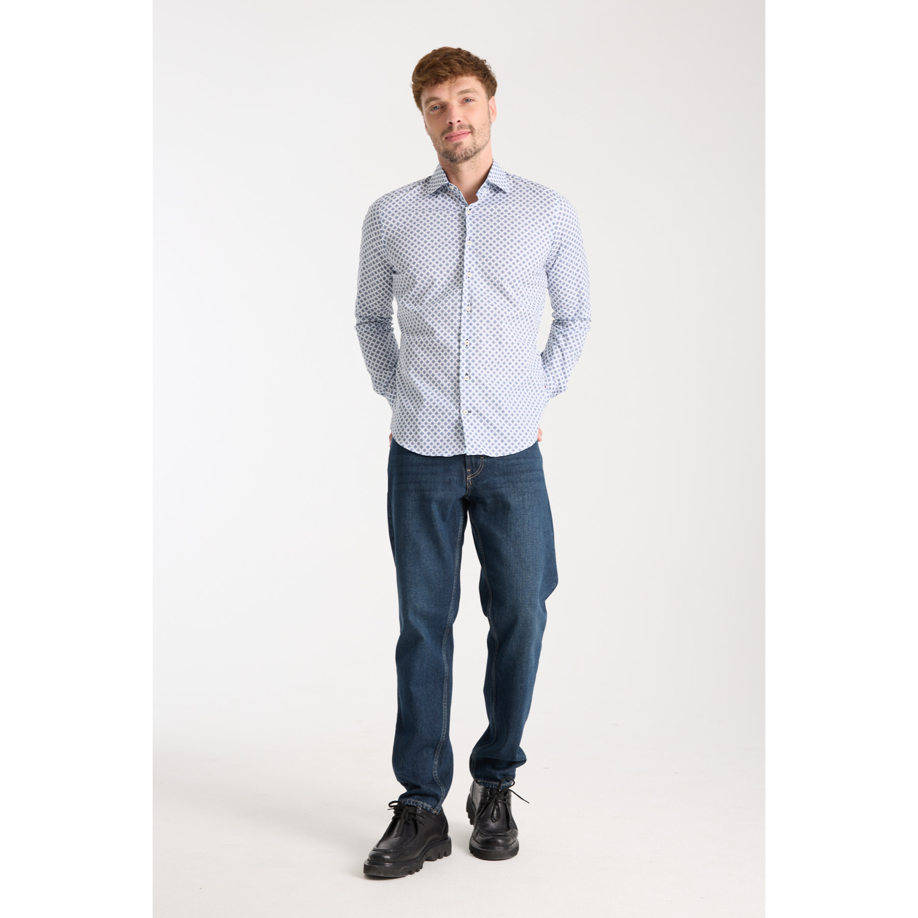 Camicia Uomo 1 Bottone Francese Slim Popeline Stretch Stampato Bianco/Celeste
