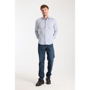 Camicia Uomo 1 Bottone Francese Slim Popeline Stretch Stampato Bianco/Celeste