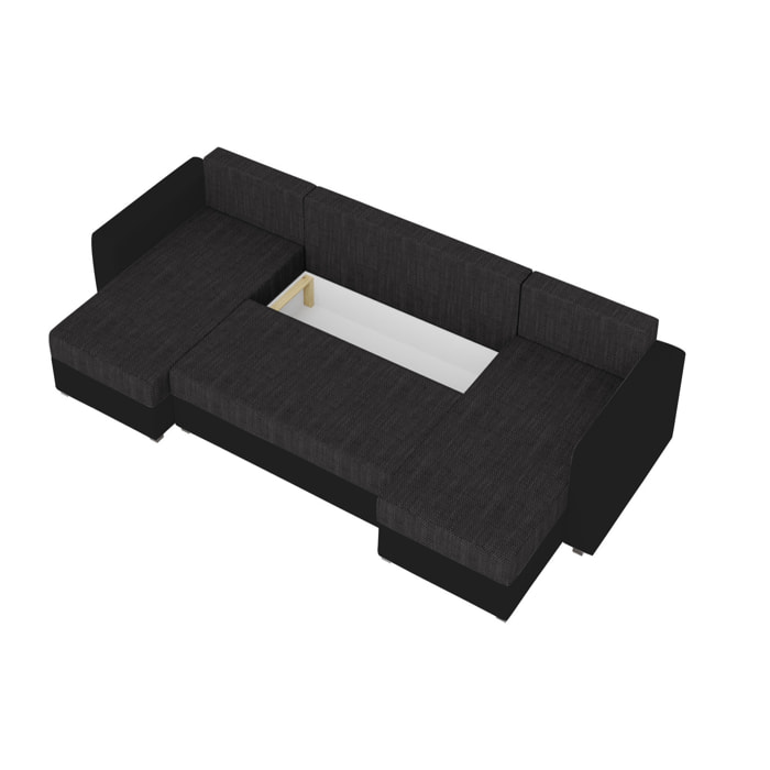 Romy - canapé panoramique en U - 7 places - convertible avec coffre - en tissu et PU - Noir / Gris