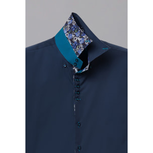 Camicia Uomo Manica Corta 2 Bottoni Button Down 7 Botto Popeline Stretch Unito Blu