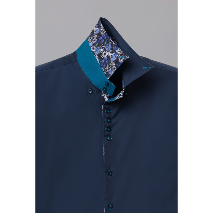 Camicia Uomo Manica Corta 2 Bottoni Button Down 7 Botto Popeline Stretch Unito Blu