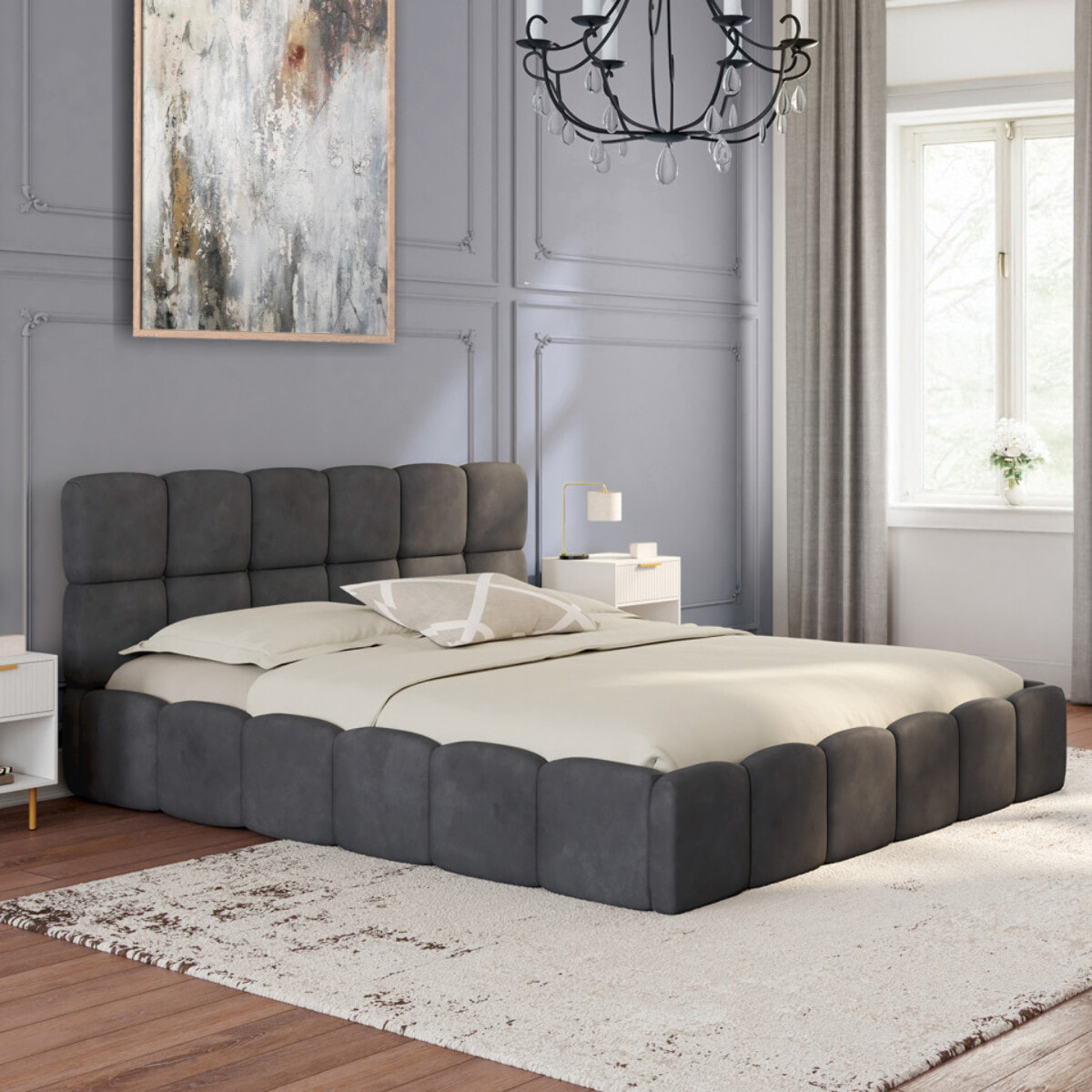 Lit coffre Bubble 160x200cm velours gris