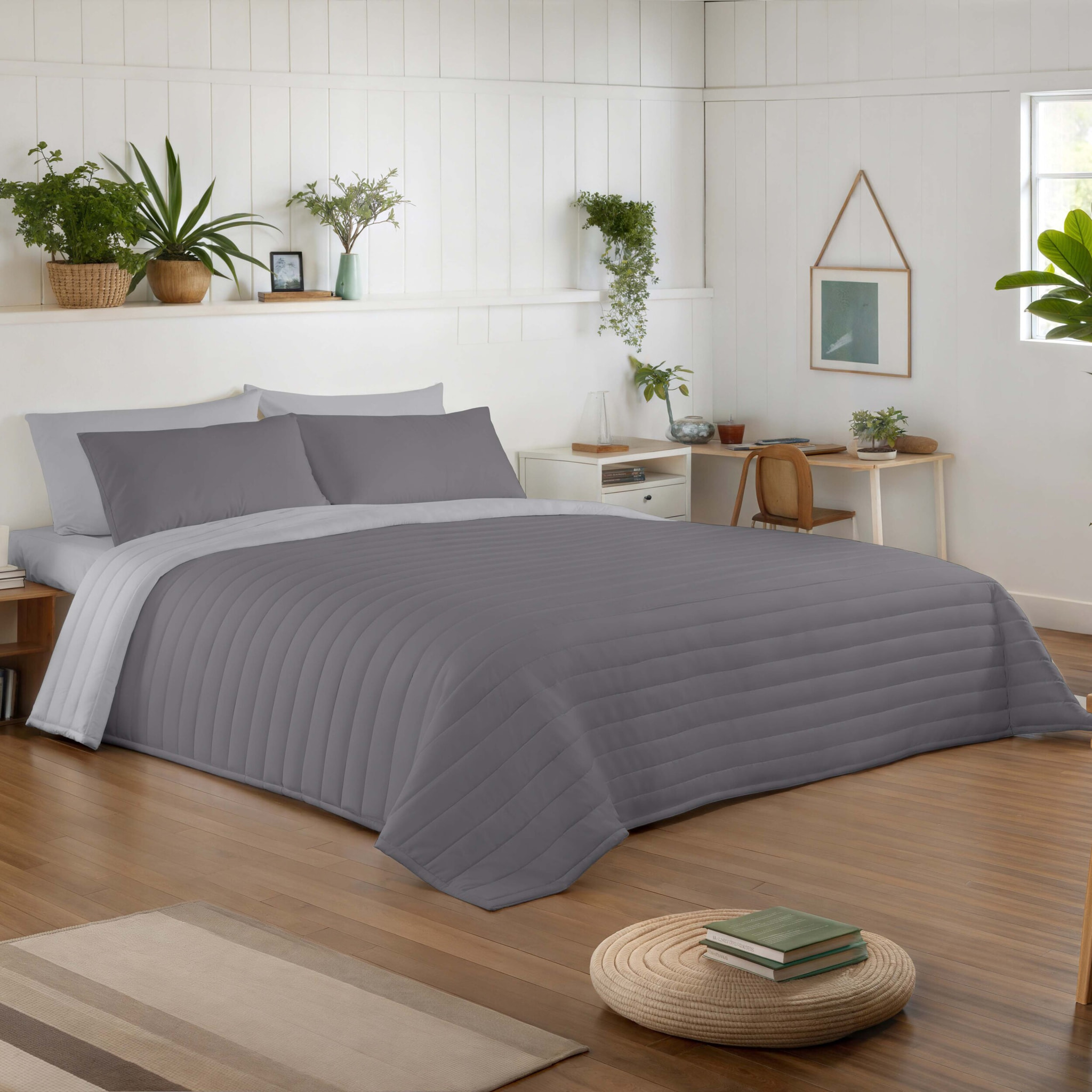Icehome - Colcha Bouti - Lisa - Reversible - 100% Microfibra - 70 gr/m² - Gris/Gris Claro