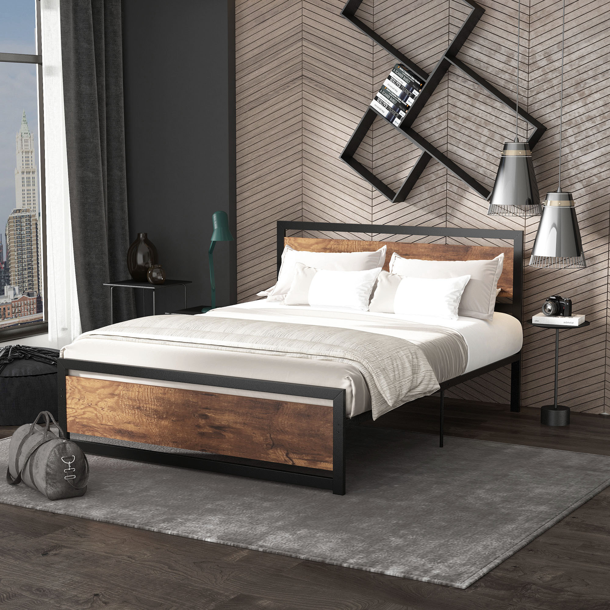 Lit double design industriel - tête de lit, pied de lit et sommier - dim. 208L x 167l x 103H cm - compatible matelas 200L x 160l cm - acier noir MDF aspect bois avec veinage