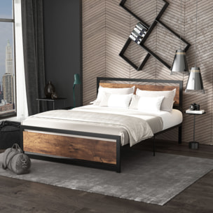 Lit double design industriel - tête de lit, pied de lit et sommier - dim. 208L x 167l x 103H cm - compatible matelas 200L x 160l cm - acier noir MDF aspect bois avec veinage