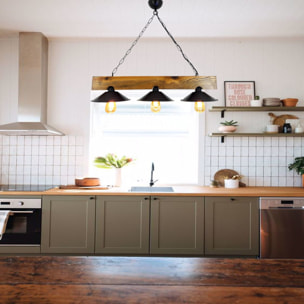 Suspension rustique 3 lampes bois et noire IRIS