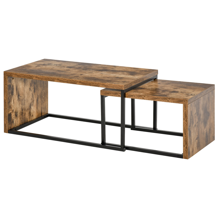 Lot de 2 tables basses gigognes design industriel encastrable dim. grande table 90L x 48l x 42H cm métal noir aspect vieux bois