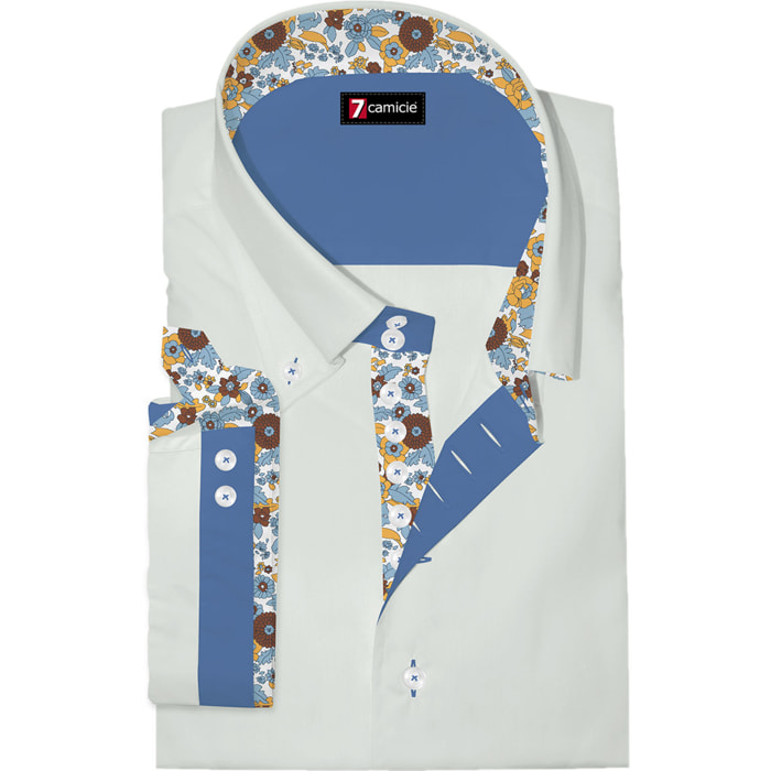 Camicia Uomo Manica Corta 2 Bottoni Button Down 7 Botto Popeline Stretch Unito Bianco