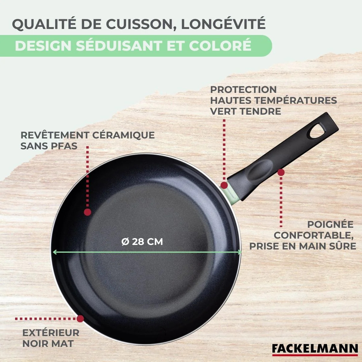 Poêle 28 cm aluminium revêtement céramique antiadhésif sans PFAS Fackelmann Brandao