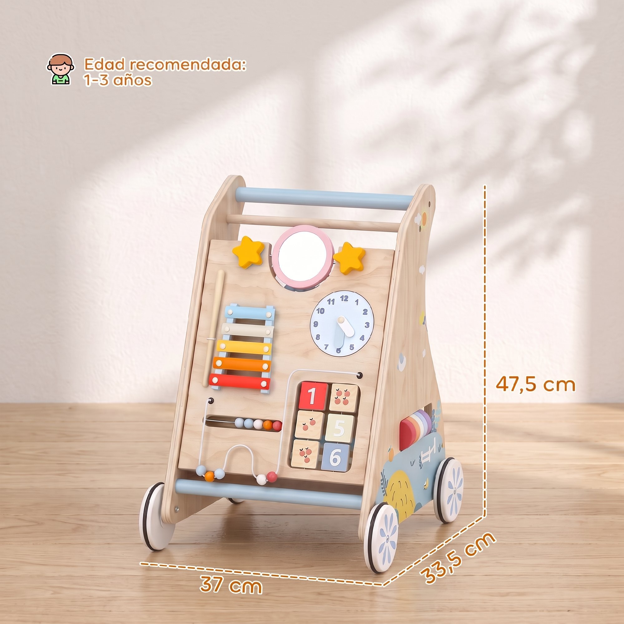 AIYAPLAY Andador Madera Bebé 3 en 1, Caminador Bebé con Juguetes Montessori, Panel Desmontable de Doble Cara, Centro de Actividades con Almacenaje, Ruedas, Niños de 1-3 Años y Altura +75 cm, Natural