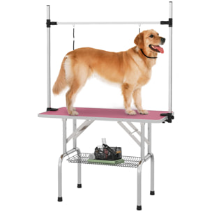 Mesa de Peluquería Canina Plegable, Mesa de Aseo con Cesta de Rejilla Metálica, Encimera Antideslizante, Barra de Acero Inoxidable Ajustable, para Perros, Gatos, 107x60x164 cm, Rosa