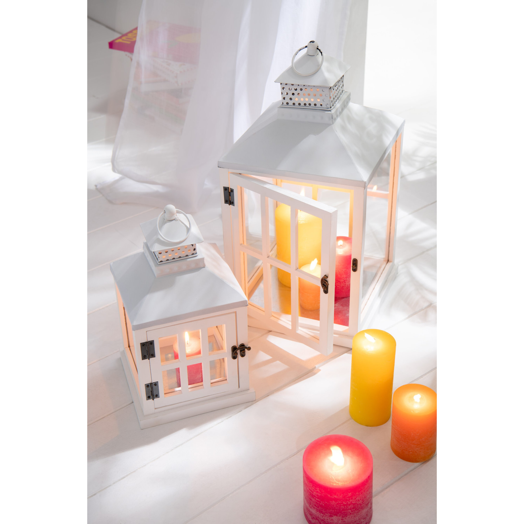 J-Line Set 2 Lanterne Maisons Bois De Sapin/Metal Blanc