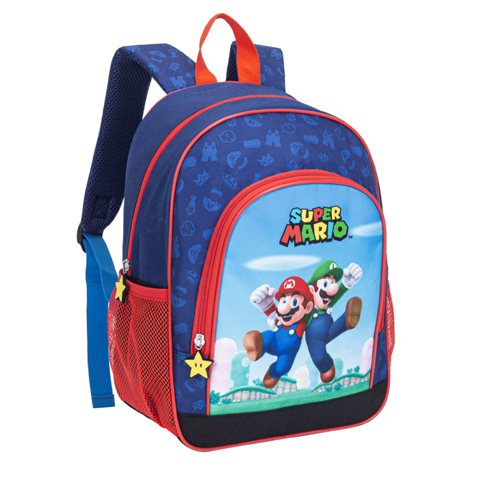 Super Mario Mochila. 2 bolsillos laterales. Espaldera acolchada.