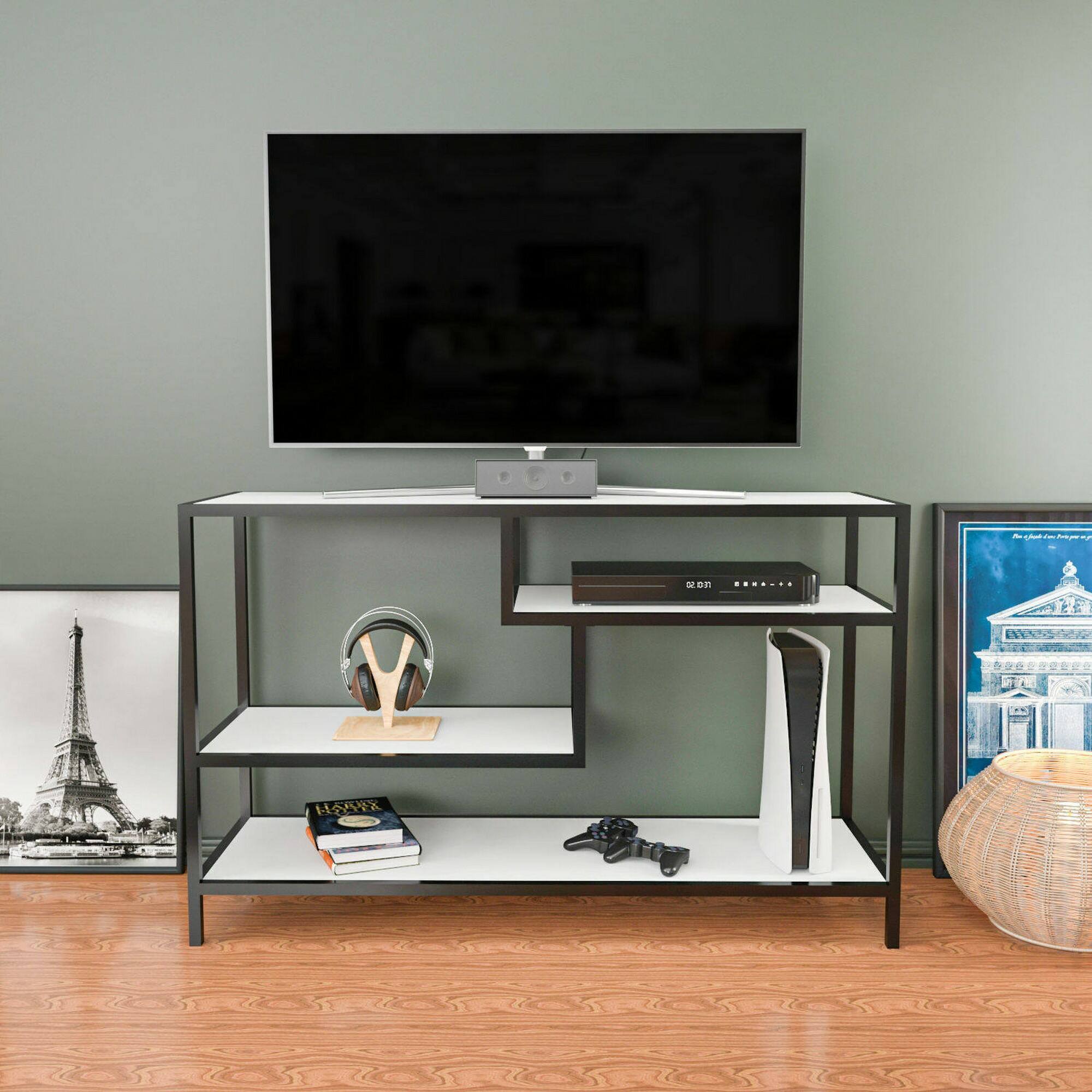 Mobile porta TV Dplizzar, Credenza da soggiorno, Armadio basso per TV, Base parete attrezzata, 120x39h75 cm, Bianco e Nero