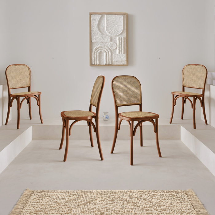 Lot de 4 chaises vintage en bois avec assise et dossier en rotin. coloris noyer. L 44.5 x P 48 x H 89.5cm