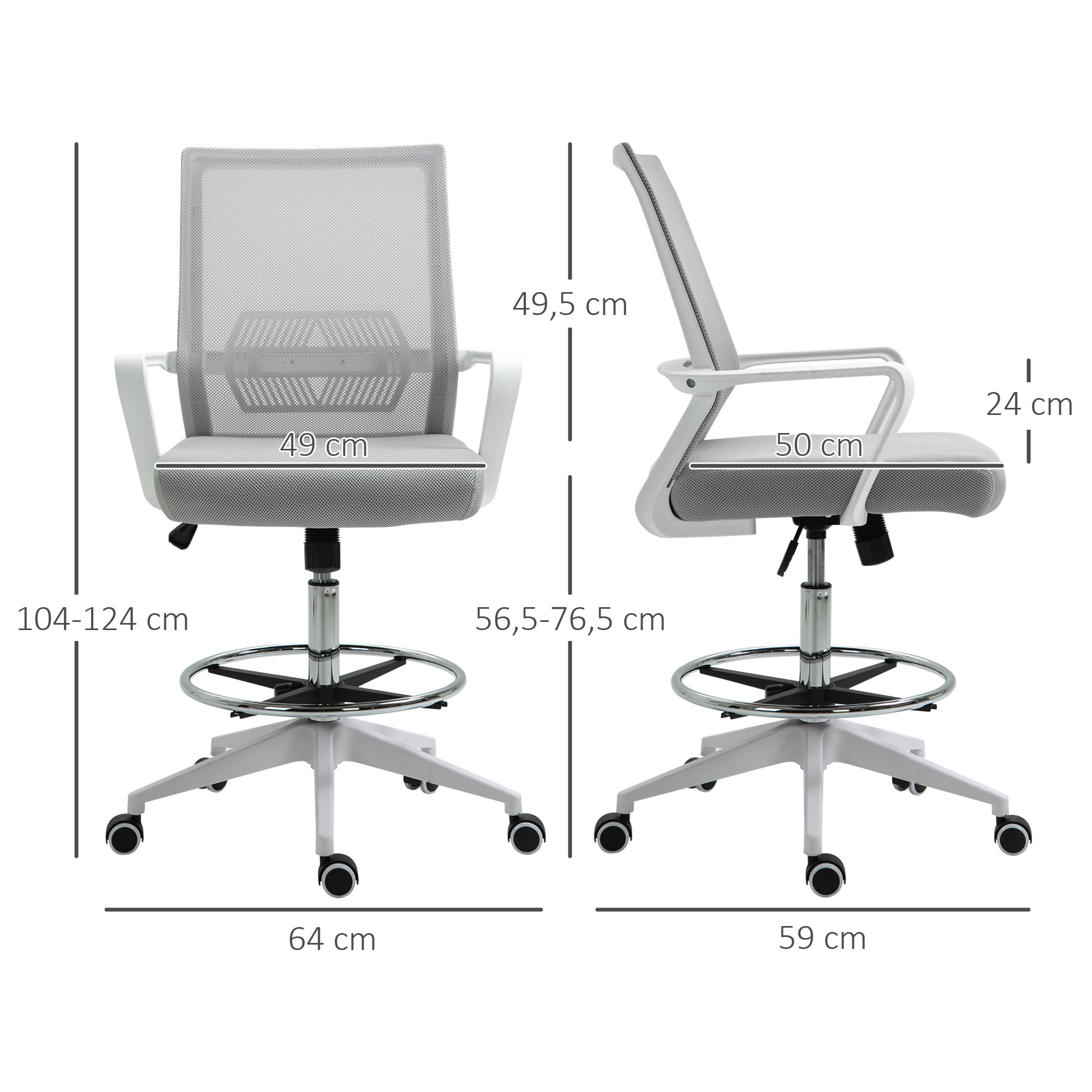 Fauteuil de bureau chaise de bureau assise haute réglable dim. 64L x 59l x 104-124H cm pivotant 360° maille respirante gris