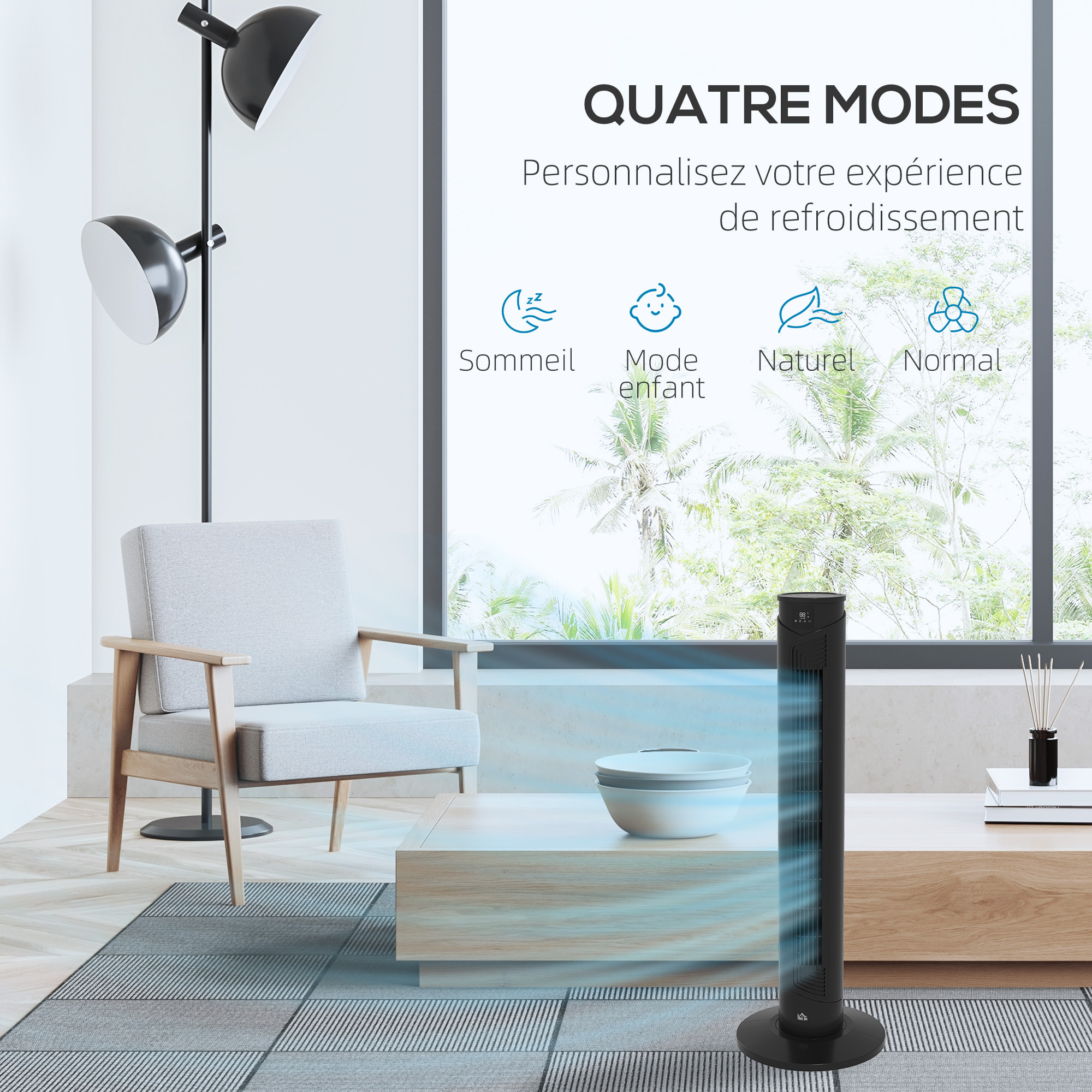 Ventilateur colonne tour oscillant 45 W silencieux télécommande incluse timer 4 modes 3 vitesses filtre noir