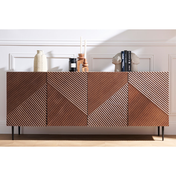 Buffet design en bois foncé chêne massif gravé et métal noir 4 portes L180 cm ARCHIPEL