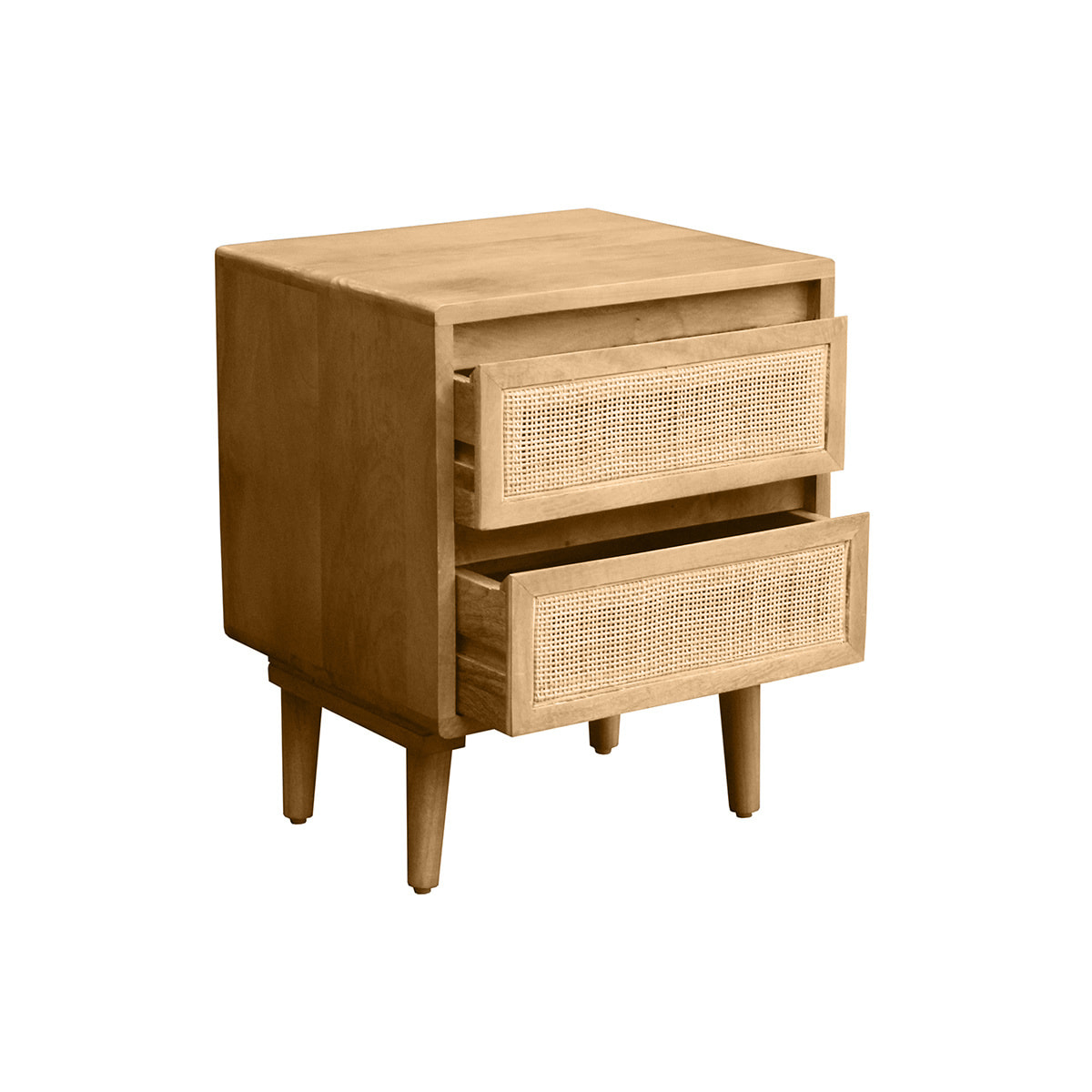 Table de chevet en bois manguier massif et cannage rotin avec rangements 2 tiroirs ACANGE