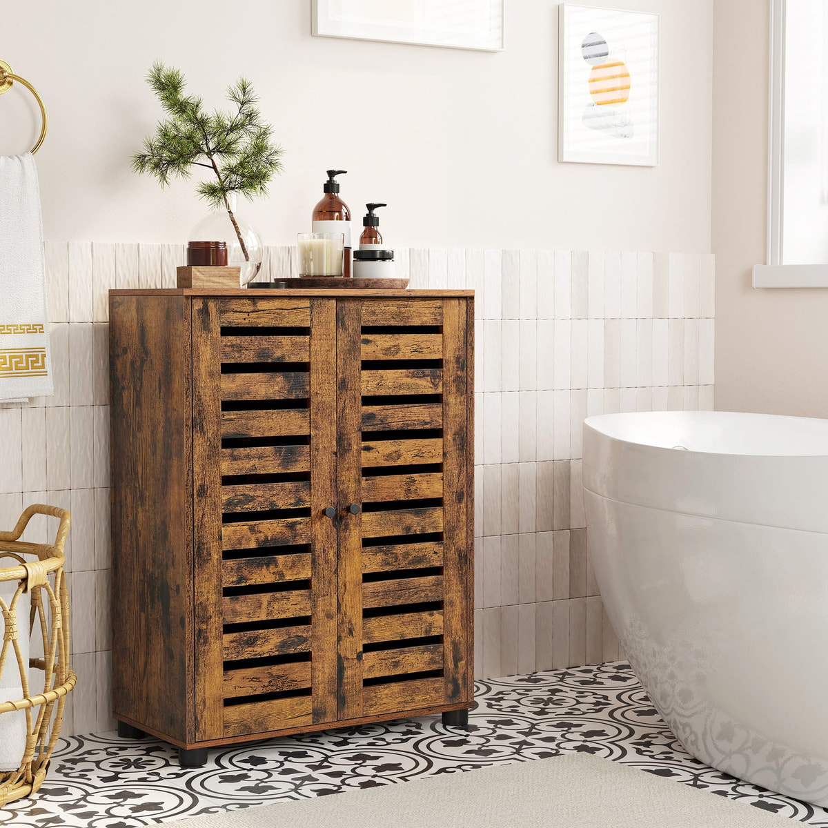 Mobiletto da bagno vintage Oskar in legno marrone rustico