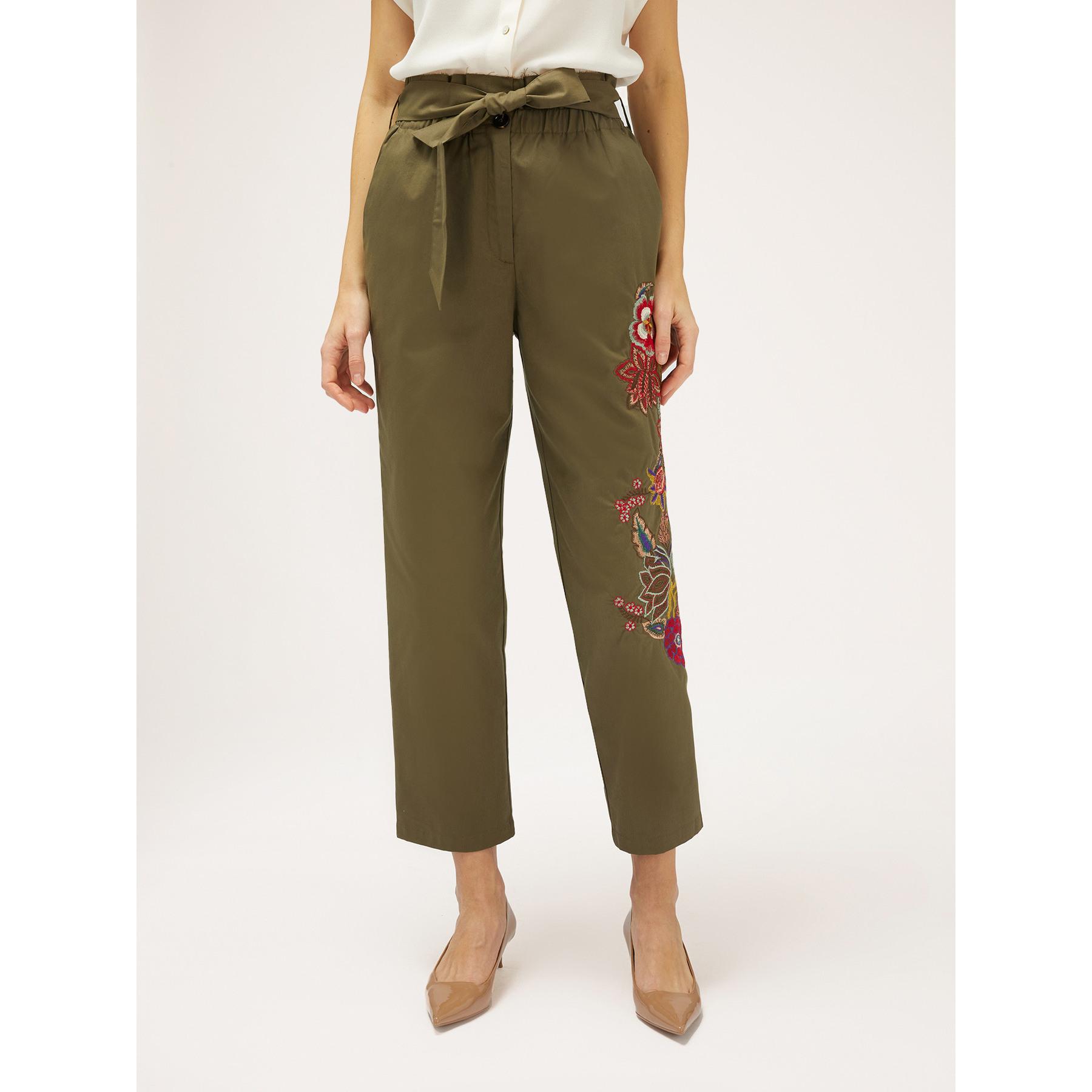 Motivi - Pantalones paperbag con bordado floral - Verde