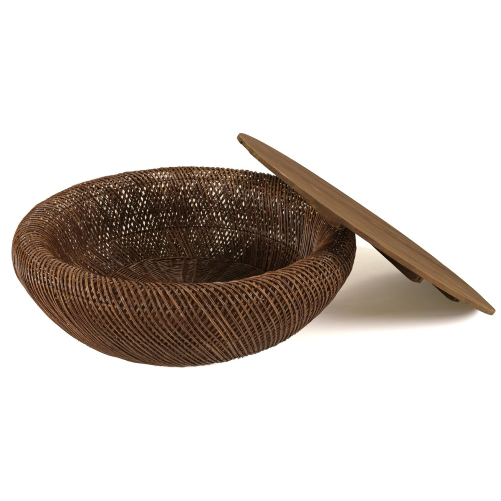 SIXTINE - Table basse en rotin couleur marron et bois de teck recyclé D100cm