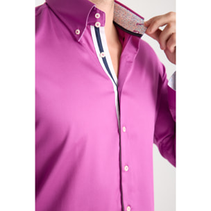 Camicia Uomo 2 Bottoni Button Down Slim Satin Unito Viola Ciclamino