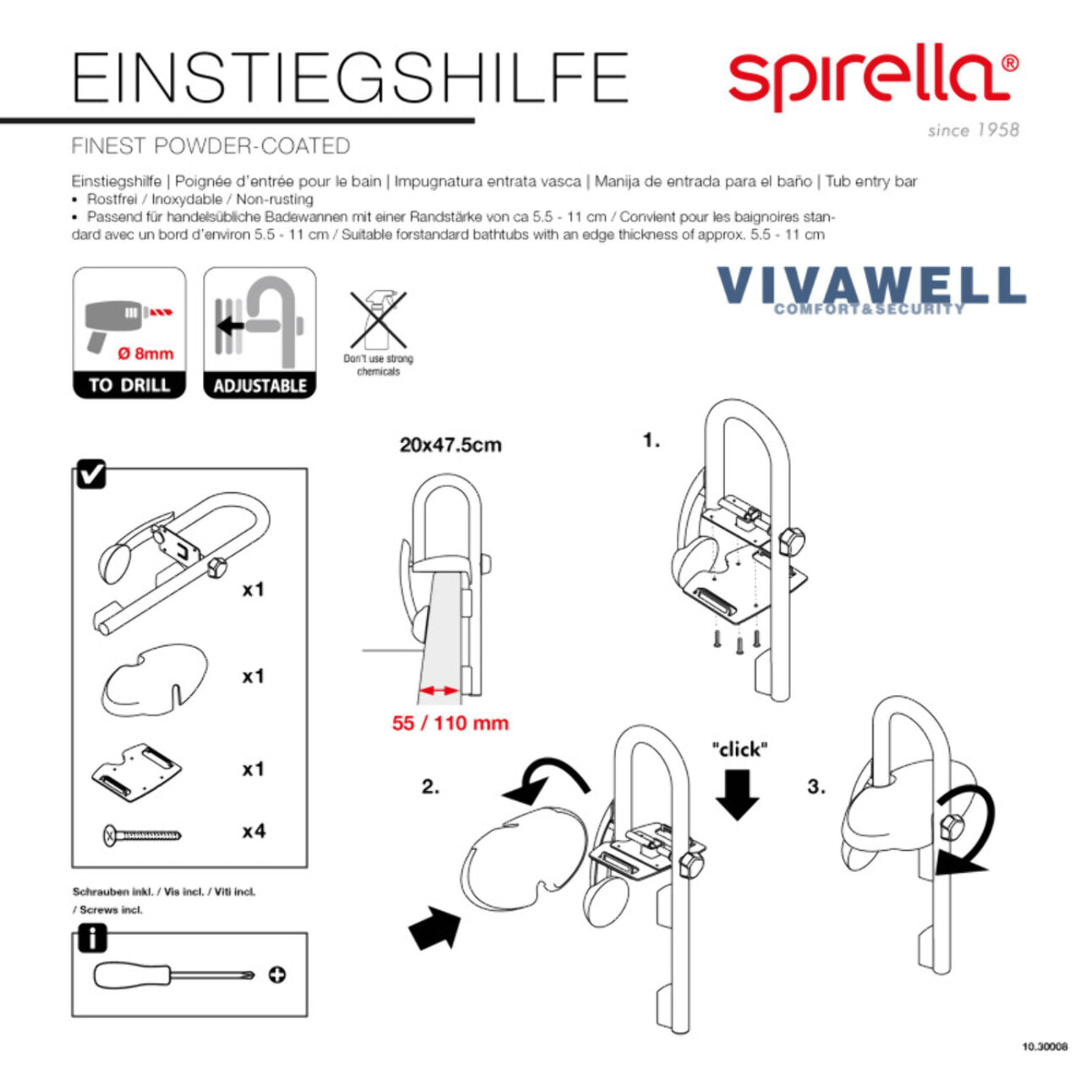 Poignée d'entrée pour le bain Acier Inox Blanc Spirella