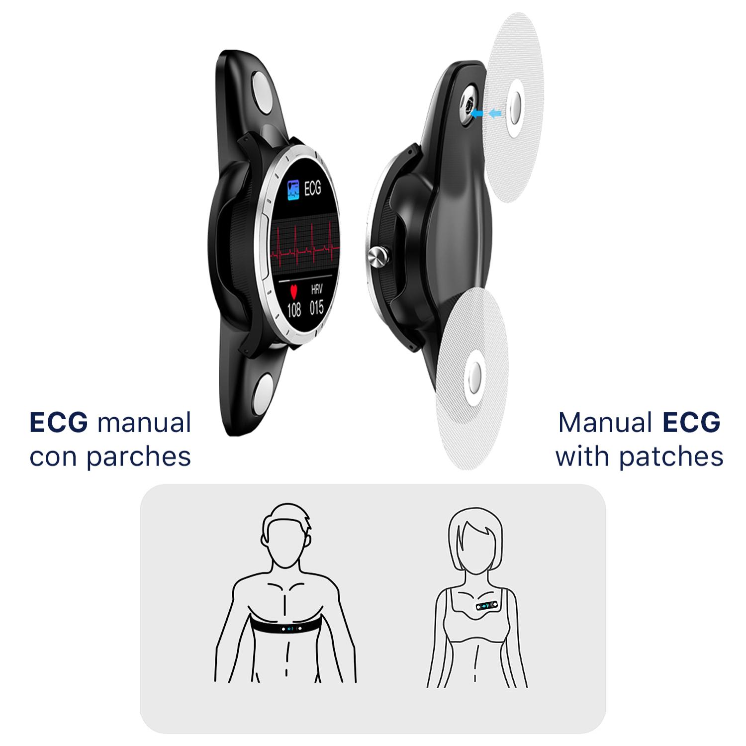 Smartwatch X3 con monitor de tensión y O2 en sangre. Incluye banda para pecho. Informe VFC y ECG 24 horas.