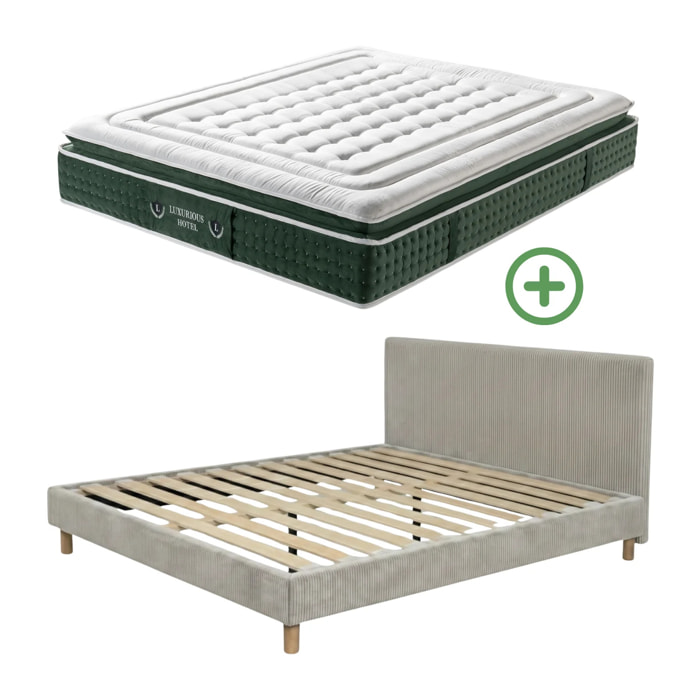 Ensemble matelas Jade & lit fixe Colisée | Mémoire de forme et ressorts ensachés | cadre à lattes | Bouclette | Olive