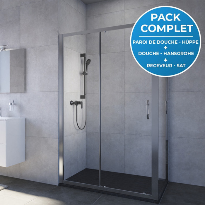 Pack douche : Porte coulissante 120cm + Set de douche Hansgrohe Noir mat + Receveur 120x90cm Noir