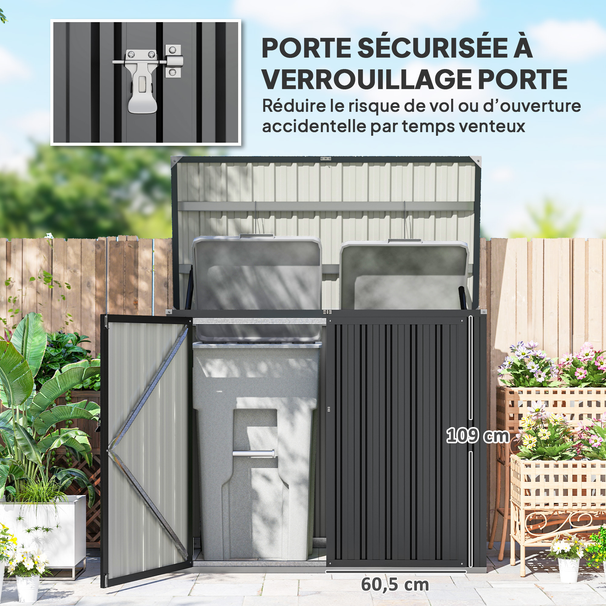 Cache poubelle acier 2 portes verrouillables couvercle relevable gris