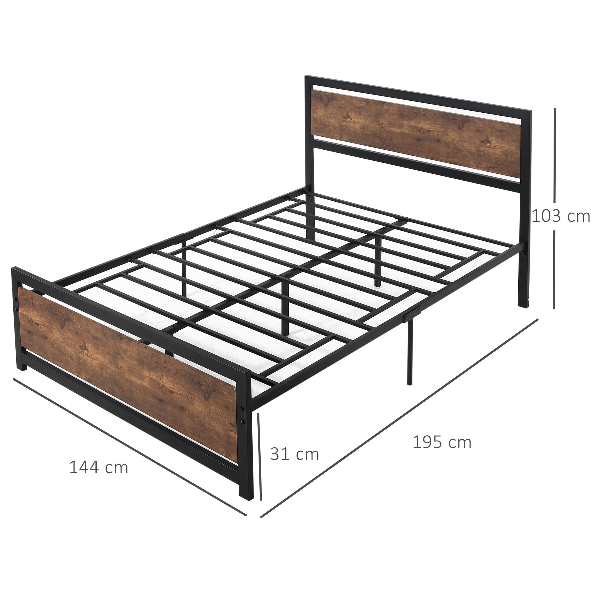 Lit double design industriel - tête de lit, pied de lit et sommier - dim. 195L x 144l x 103H cm - compatible matelas 190L x 140l cm - acier noir MDF aspect bois avec veinage